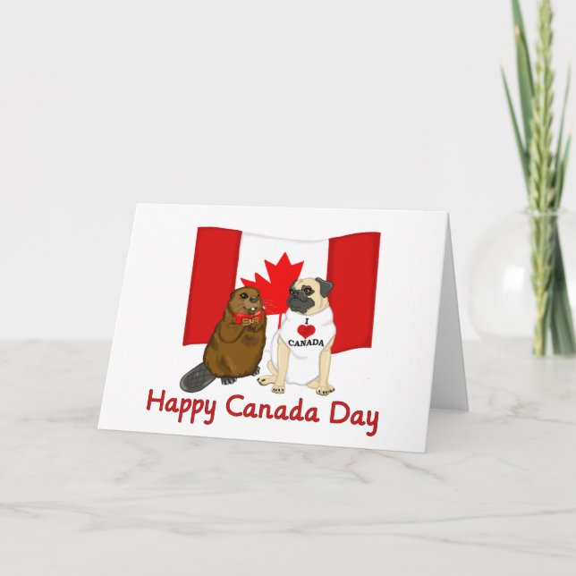 Happy Canada Day Mops und Biber Pal T-Shirts, Gesc Karte (Vorderseite)
