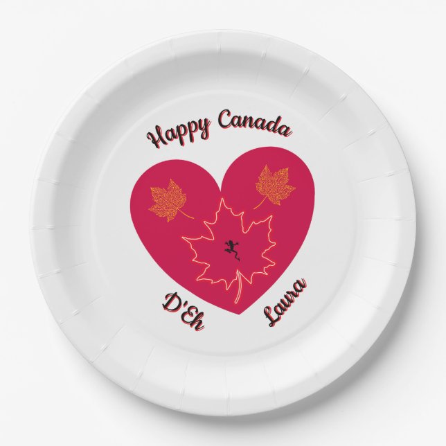 Happy Canada D'Eh Heart, Frog, Ahorn Blätter Pappteller (Vorderseite)