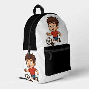 Happy Cartoon Boy Playing Soccer Bedruckter Rucksack