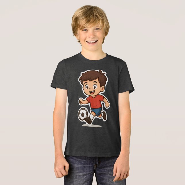Happy Cartoon Boy Playing Soccer Tri-Blend Shirt (Vorderseite voll)