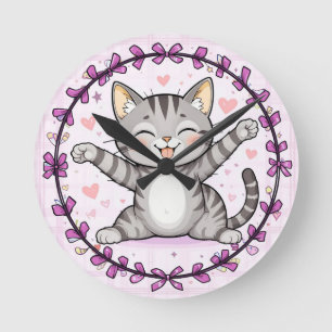 Happy Cartoon Cat Illustration Runde Wanduhr