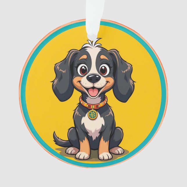 Happy Cartoon Dog in einem farbigen Circular Frame Ornament (Vorderseite)