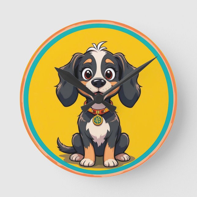 Happy Cartoon Dog in einem farbigen Circular Frame Runde Wanduhr (Vorderseite)