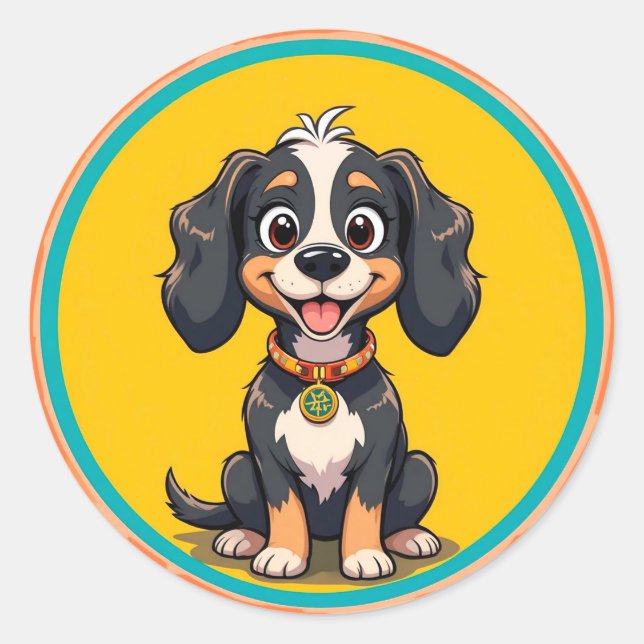 Happy Cartoon Dog in einem farbigen Circular Frame Runder Aufkleber (Vorderseite)