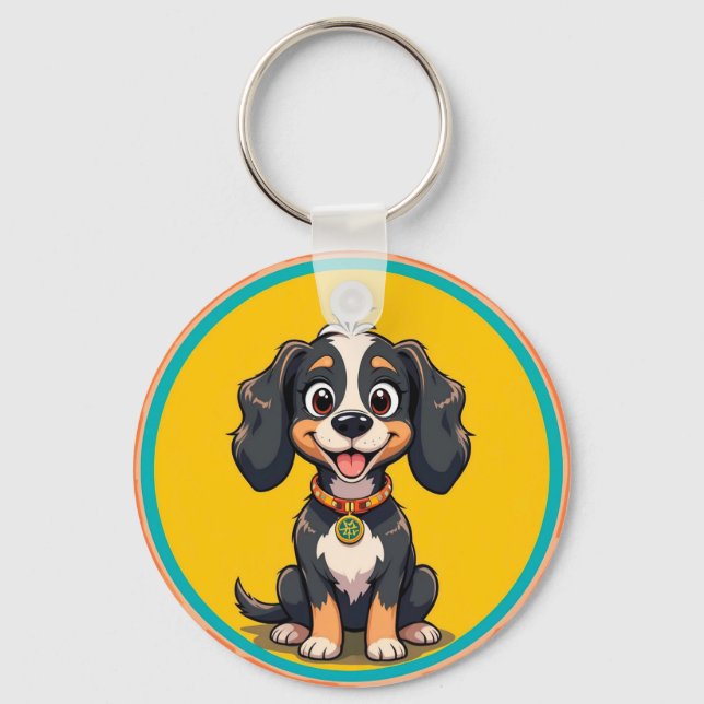 Happy Cartoon Dog in einem farbigen Circular Frame Schlüsselanhänger (Vorderseite)