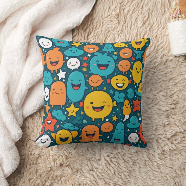 Happy Cartoon Faces Pattern Pillow Kissen (Decke)