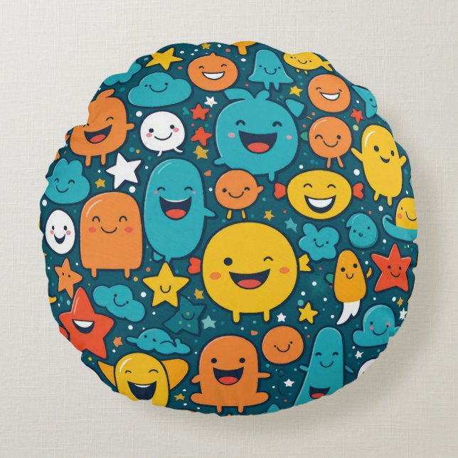 Happy Cartoon Faces Pattern Rundes Kissen (Vorderseite)