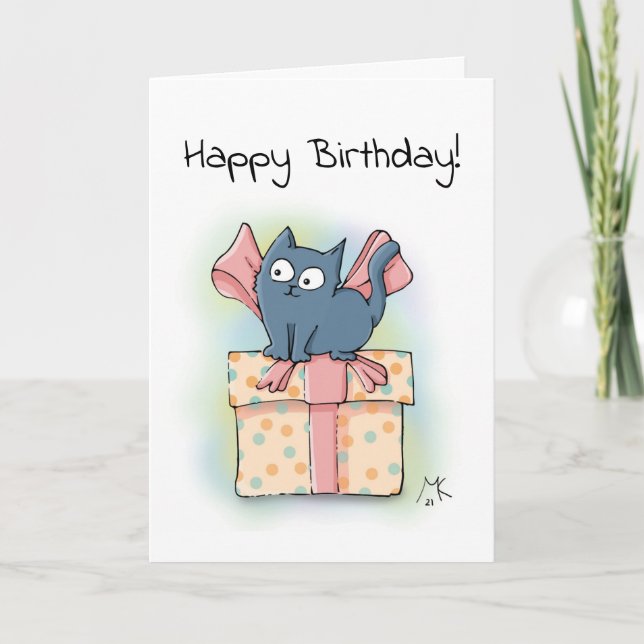 Happy Cartoon Kitten on Box mit Ribbon Karte (Vorderseite)