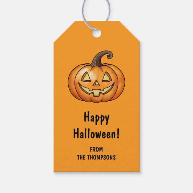 Happy Cartoon Pumpkin Orange Halloween Geschenkanhänger (Vorderseite)