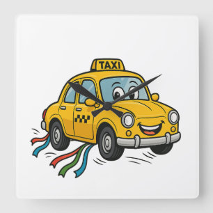Happy Cartoon Taxi Quadratische Wanduhr