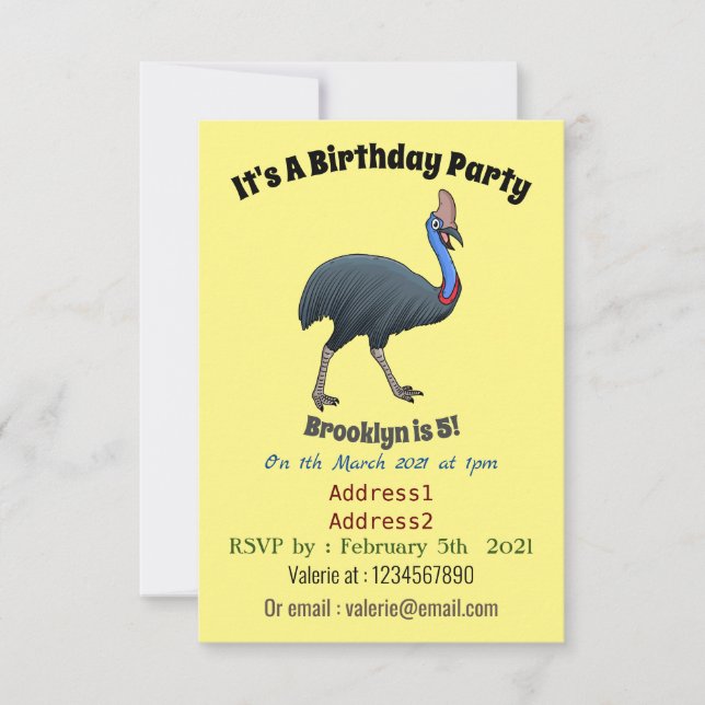 Happy Cassowary Vogel Cartoon Illustration Einladung (Vorderseite)