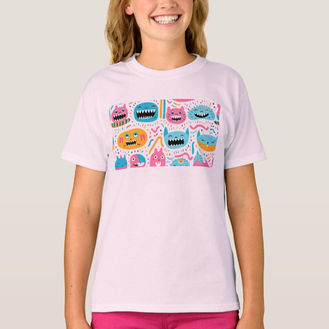Happy Cat and Monster Gesichter T-Shirt (Vorderseite)