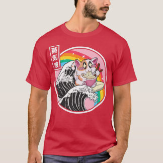 Happy Cat Eating Ramen Rainbow Kanagawa Wave Vapor T-Shirt
