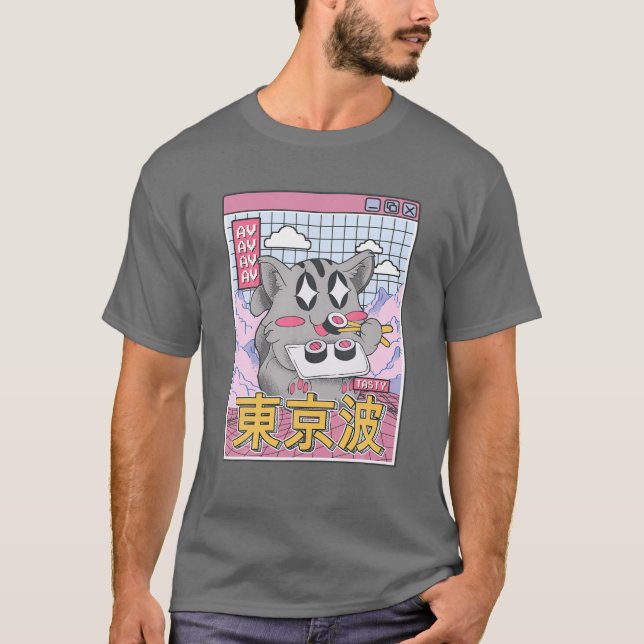 Happy Cat Eating Sushi Vaporwave Ästhetische Anime T-Shirt (Vorderseite)