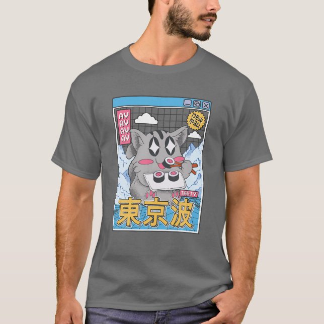 Happy Cat Eating Sushi Vaporwave Ästhetische Anime T-Shirt (Vorderseite)