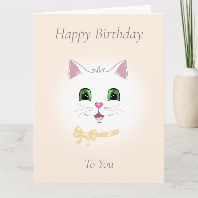 Happy Cat Face on Light Beige Geburtstagskarte Karte (Vorderseite)
