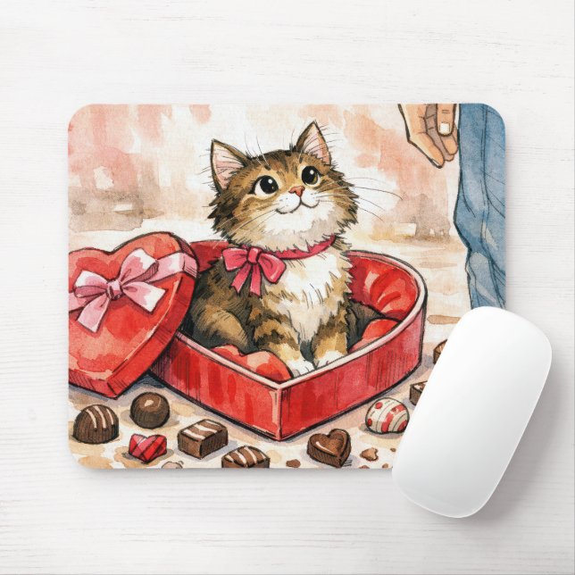 Happy Cat In a Valentine Candy Heart Box Mousepad (Mit Mouse)