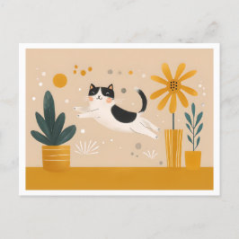 Happy Cat Jumping between Blume Pots, Scandi Postkarte