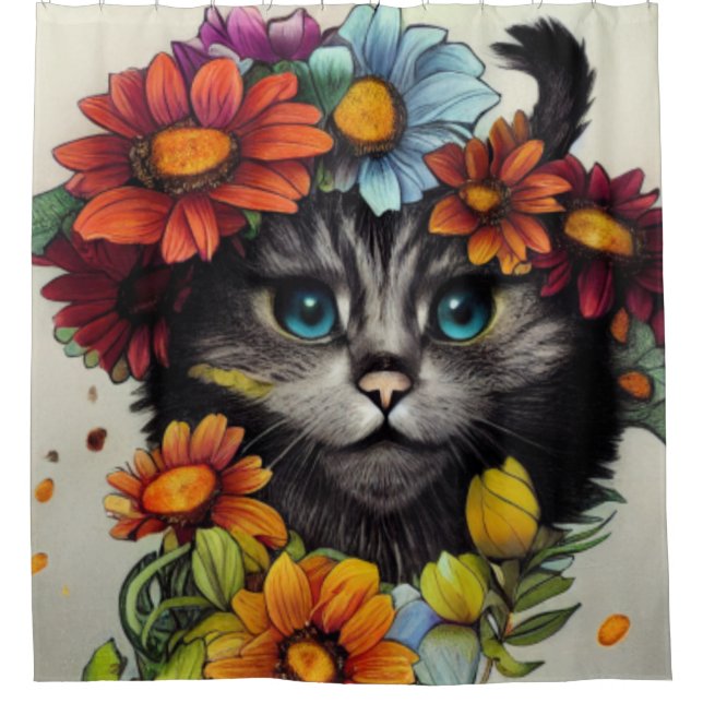 Happy Cat mit blauen Augen umgeben von Blume Duschvorhang (Vorderseite)