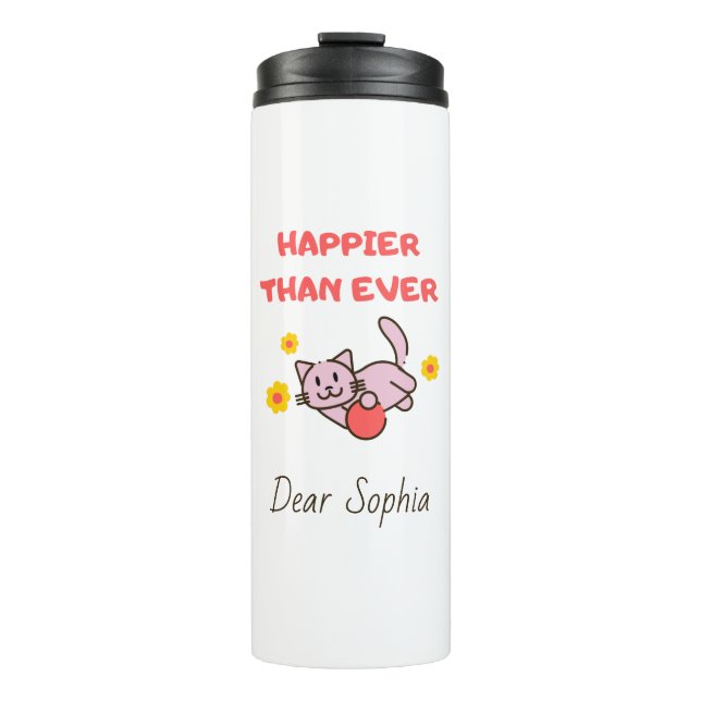 Happy Cat mit Blume Stainless Thermosbecher (Vorderseite)