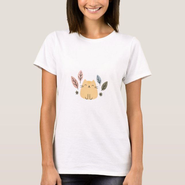Happy Cat mit Pastel-Blätter T-Shirt (Vorderseite)