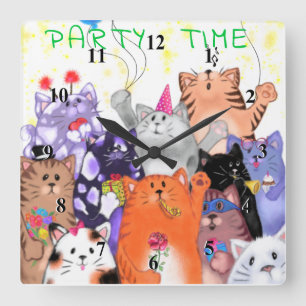 Happy Cat Party Cartoon Drawing - Cute Funny Cats  Quadratische Wanduhr