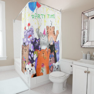 Happy Cat Party Cartoon Zeichnend - Niedliche Funn Duschvorhang