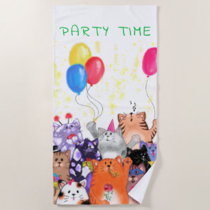Happy Cat Party Cartoon Zeichnend - Niedliche Funn Strandtuch