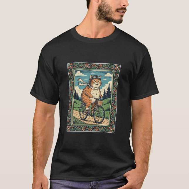 Happy cat Riding bicycle on linocut art T-Shirt (Vorderseite)