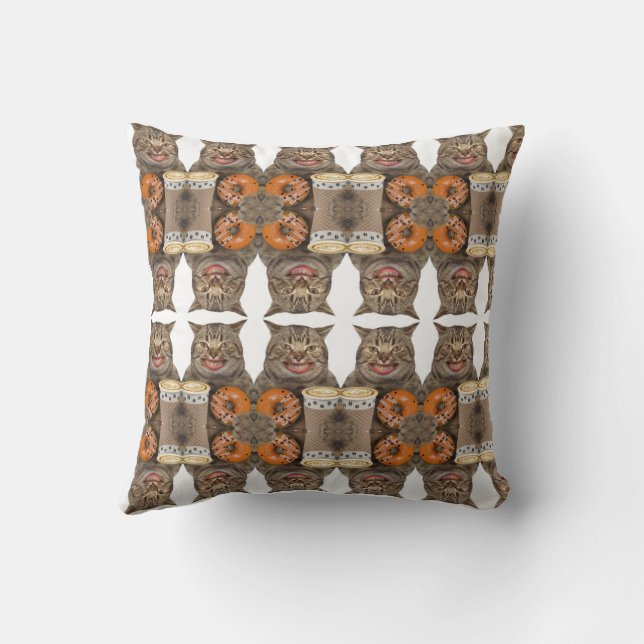 Happy Cat with Doughnut and Coffee - Cat / Kitten Kissen (Rückseite)