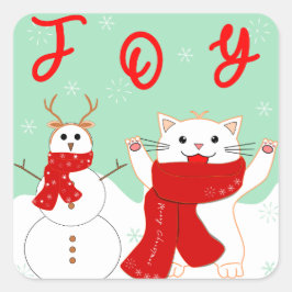 Happy Cat with Snowman | Niedlicher Weihnachtsaufk Quadratischer Aufkleber