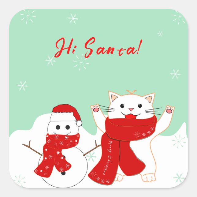 Happy Cat with Snowman | Niedlicher Weihnachtsaufk Quadratischer Aufkleber (Vorderseite)