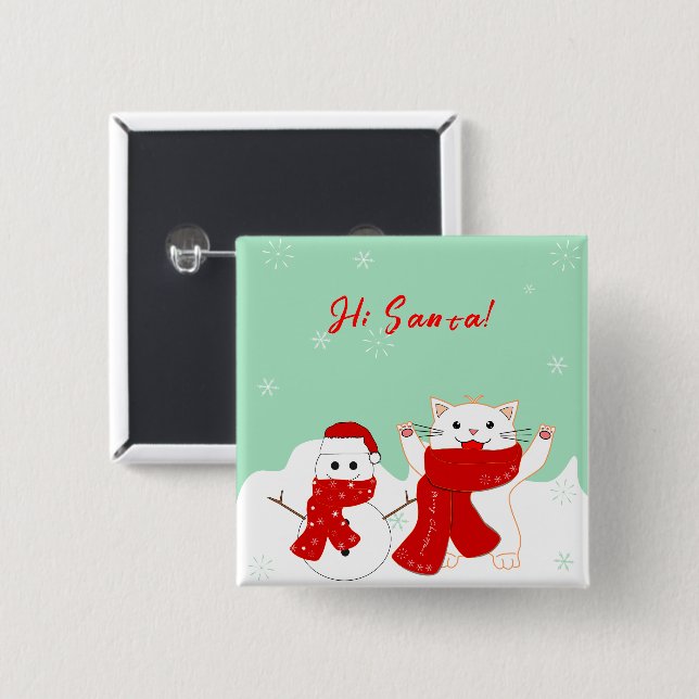 Happy Cat with Snowman | Niedlicher Weihnachtsknop Button (Vorne & Hinten)