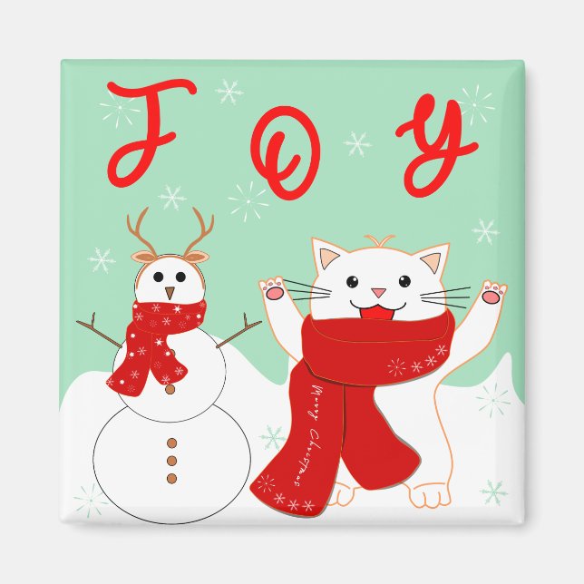 Happy Cat with Snowman | Niedliches Weihnachtsmagn Magnet (Vorne)