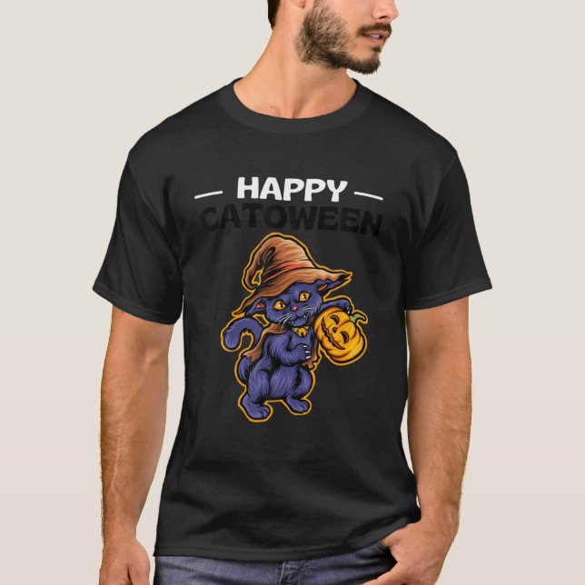Happy Catoween Halloween Cat Pumpkin Funny T-Shirt (Vorderseite)