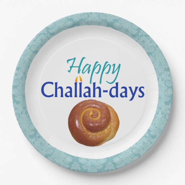 Happy Challah-Days Aqua Brocade Papierplatte Pappteller (Vorderseite)