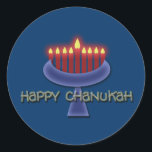 Happy Chanukah Aufkleber<br><div class="desc">Gedenken Sie Chanukah mit diesem markanten menorah Grafik-Design-Set vor einem dunkelblauen Hintergrund, um die beleuchteten Kerzen zu unterstreichen. Dieses Produkt ist anpassbar, sodass Sie Text, Bilder und/oder Ihr Logo hinzufügen können. Fühlen Sie sich frei, auch das Vorlagenbild neu zu formatieren, neu zu positionieren oder sogar durch ein eigenes zu ersetzen....</div>