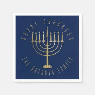Happy Chanukah Blue Gold Menorah Holiday Serviette