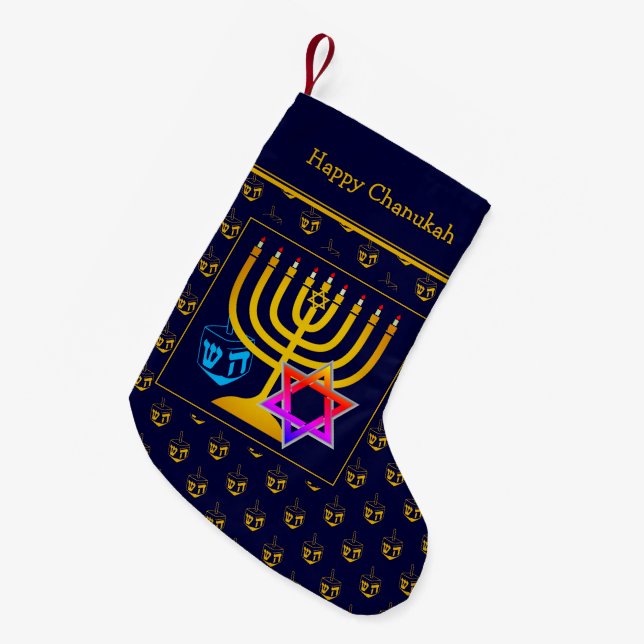 HAPPY CHANUKAH | Dreidel | Menorah | Davidstern Kleiner Weihnachtsstrumpf (Vorderansicht (hängend))