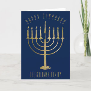 Happy Chanukah Gold Menorah Blue Holiday Card Feiertagskarte