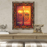 Happy Chanukah Menorah Orange Rotes Barock Gemälde Poster<br><div class="desc">Mit diesem Vintagen Hanukkah-Gemälde mit der 9-Ast-Menorah (hanukkiah),  dem Stern von David und einer Vintagen barocken Grenze in Orange-,  Rot- und Gelbtönen wird eine festliche Touch hinzugefügt. Der Text für Happy Chanukah ist in Englisch und Hebräisch.</div>