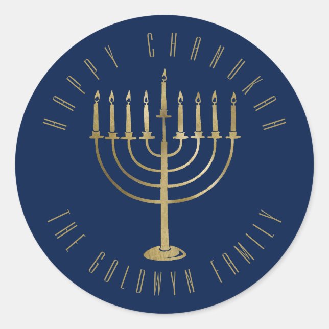 Happy Chanukah Navy Gold Menorah Holiday Runder Aufkleber (Vorderseite)