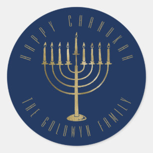 Happy Chanukah Navy Gold Menorah Holiday Runder Aufkleber