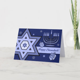 Happy Chanukah. Star von David, Menorah, Dreidels Feiertagskarte