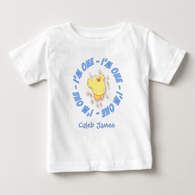 Happy Chick 1. Geburtstag Blau Baby T-shirt (Vorderseite)
