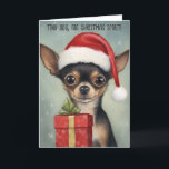 Happy Chihuahua Santa mit Weihnachtskarte Karte<br><div class="desc">Freude und Lachen in dieser Weihnachtszeit mit unserer wunderbaren Weihnachtskarte "Happy Chihuahua Santa mit Geschenk", mit der herzerwärmenden Kunst von Greg Collins. Dieses bezaubernde Bild fängt den festlichen Geist ein, als ein lächelnder Chihuahua eine Weihnachtsmannmütze donnert und eifrig ein Geschenk präsentiert. Die spielerische Unschuld und der Feiertagsjubiläum strahlen aus dieser...</div>