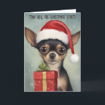 Happy Chihuahua Santa mit Weihnachtskarte Karte<br><div class="desc">Freude und Lachen in dieser Weihnachtszeit mit unserer wunderbaren Weihnachtskarte "Happy Chihuahua Santa mit Geschenk", mit der herzerwärmenden Kunst von Greg Collins. Dieses bezaubernde Bild fängt den festlichen Geist ein, als ein lächelnder Chihuahua eine Weihnachtsmannmütze donnert und eifrig ein Geschenk präsentiert. Die spielerische Unschuld und der Feiertagsjubiläum strahlen aus dieser...</div>