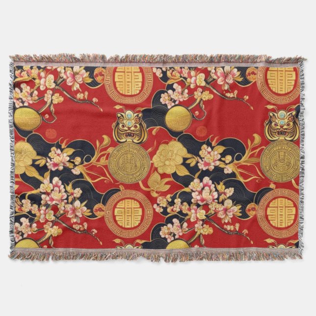 Happy Chinese New Year Moderne Asian Muster Decke (Vorderseite)