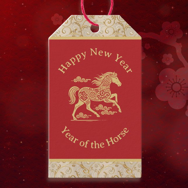 Happy Chinese New Year of Horse Elegant Gold Red  Geschenkanhänger (Von Creator hochgeladen)