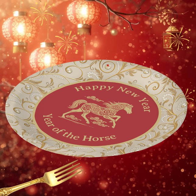 Happy Chinese New Year of Horse Elegant Gold Red  Pappteller (Von Creator hochgeladen)